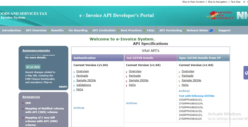 Developers can consult the NIC API sandbox resources to prepare and test e-invoice integrations.